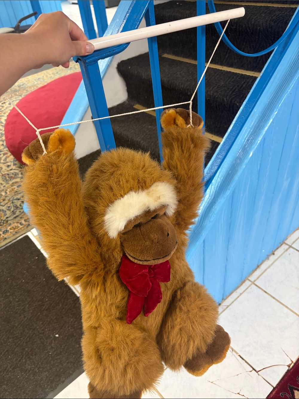 Plush Brown Monkey with Red Bow Hanging Toy